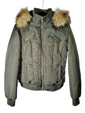 LA Coalition green puffer jacket with faux fur collared hood Size Medium NWOT